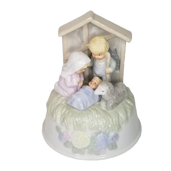 Vintage 90s Nativity Scene Music Box Silent Night Porcelain Bisque Figurine - Picture 1 of 9